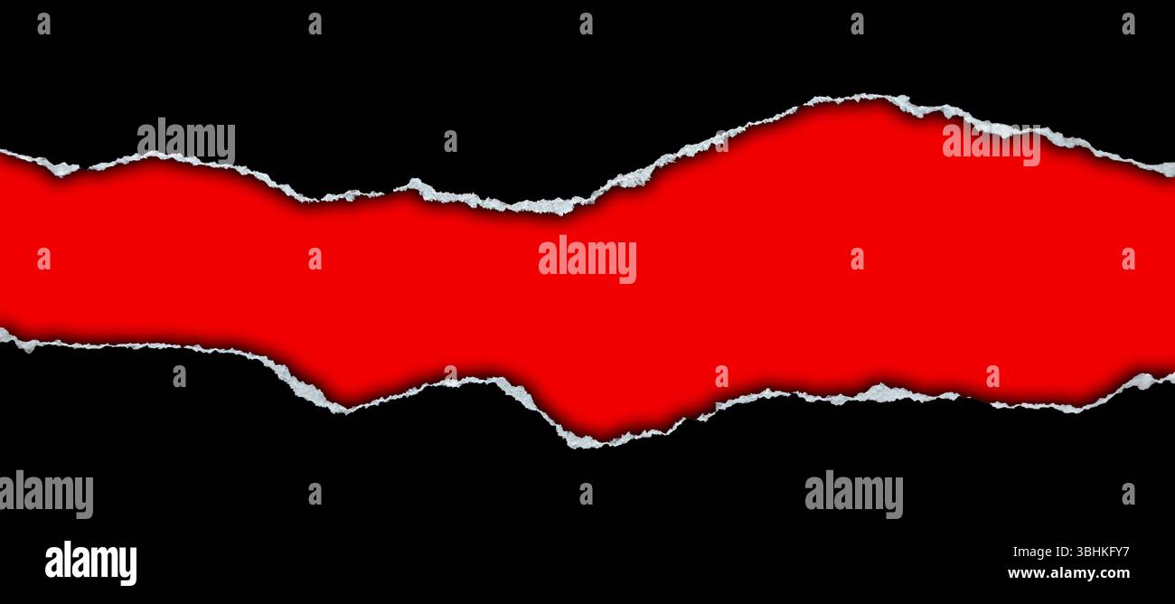 Ripped black paper on red background Stock Photo