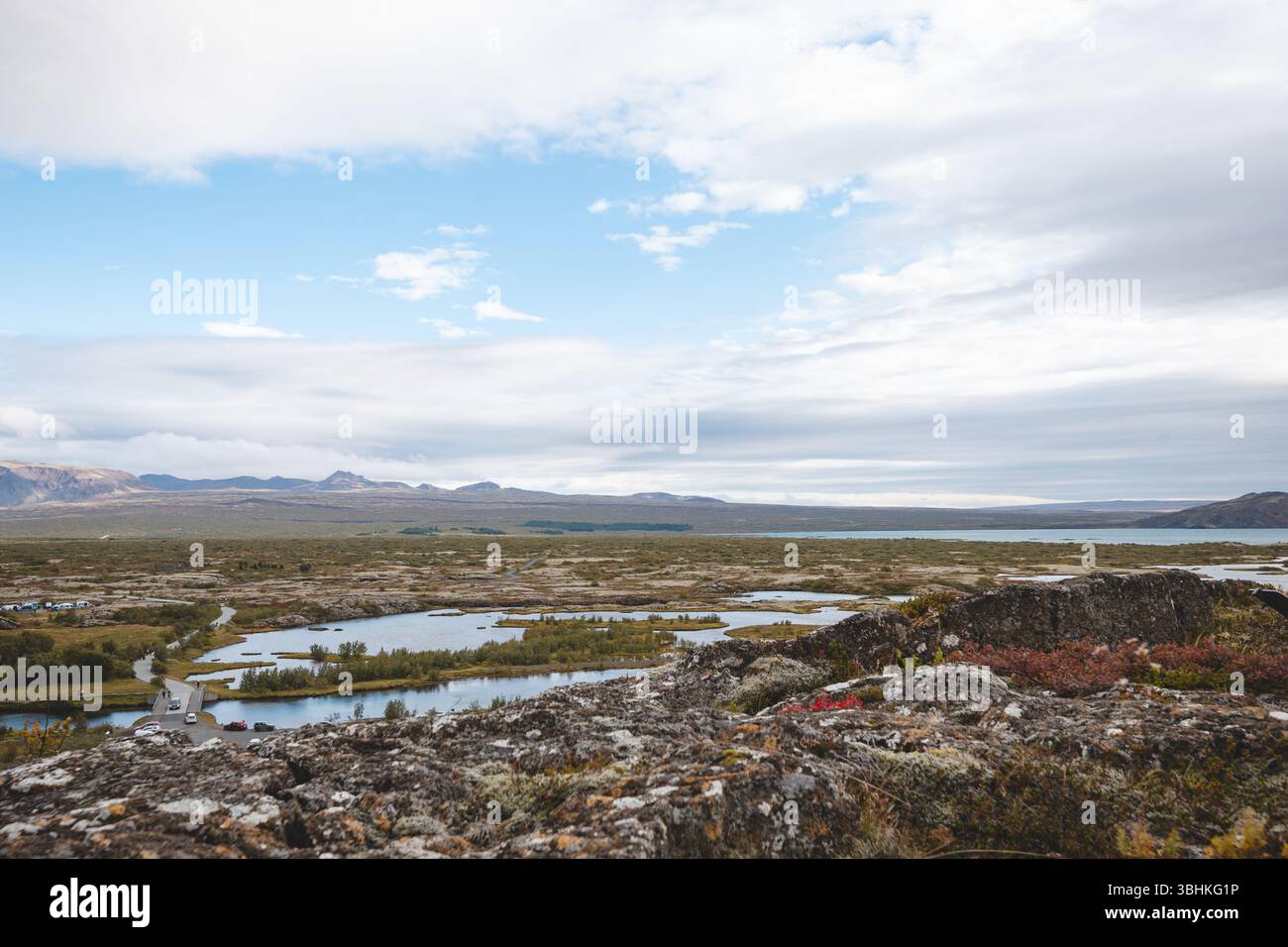 Aerial view over the winding rivers and wetlands of Thingvellir ...