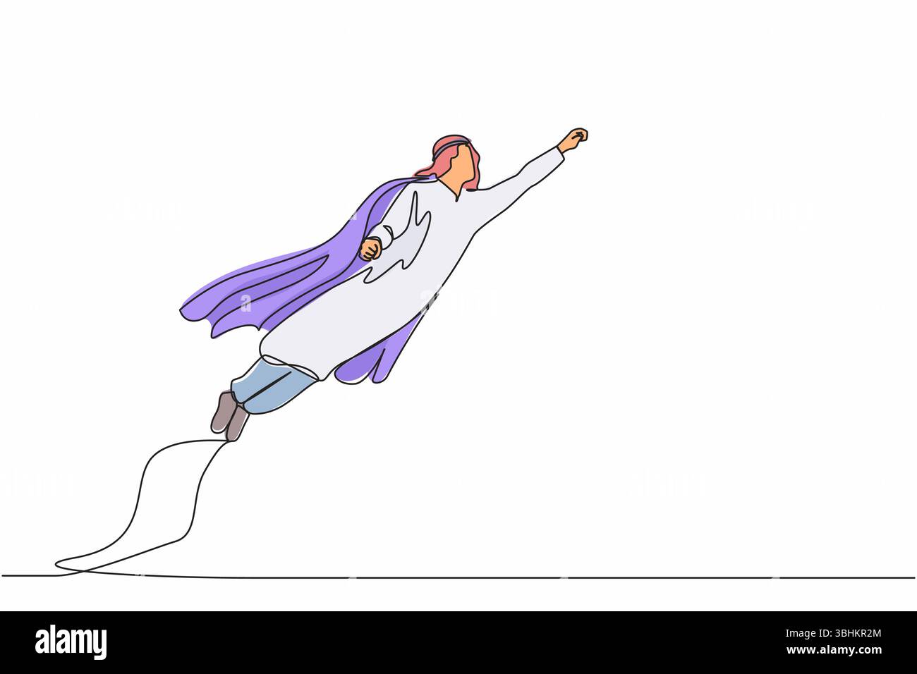 Continuous one line drawing super Arabian businessman raised fist and flying in the air. Concept superhero of business, financial, growth, career. Sin Stock Vector