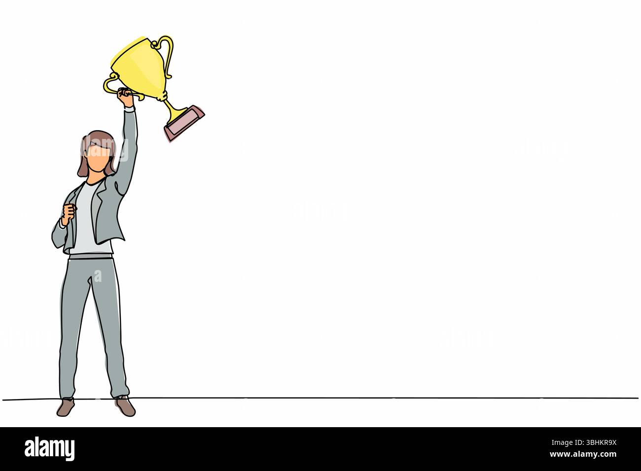 Continuous one line drawing businesswoman with trophy standing with ...
