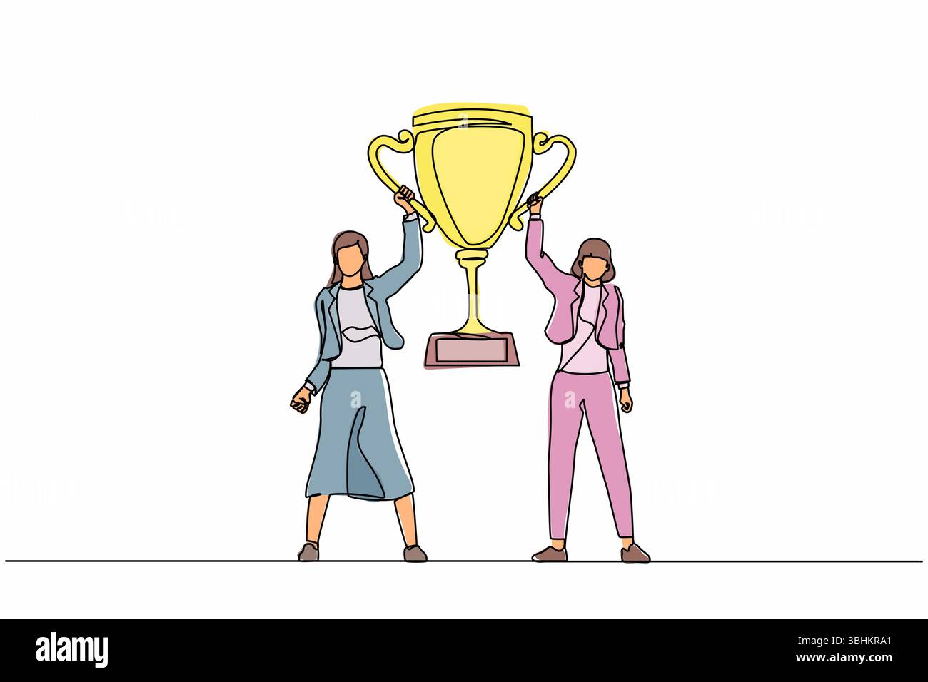 Continuous one line drawing two women holding golden goblet together ...