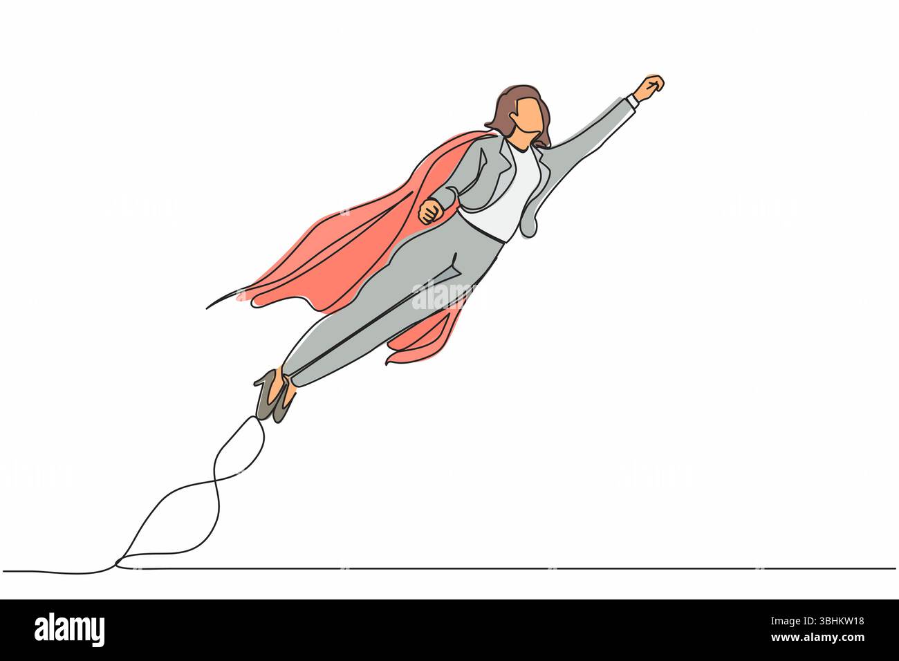 Continuous one line drawing super businesswoman raised fist and flying in the air. Concept superhero of business, financial, growth, career, leader. S Stock Vector