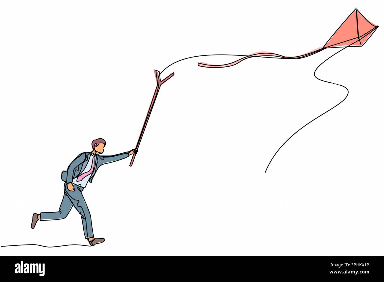 Simple Line Chasing Single one line drawing active businessman runs to chasing kite using ...