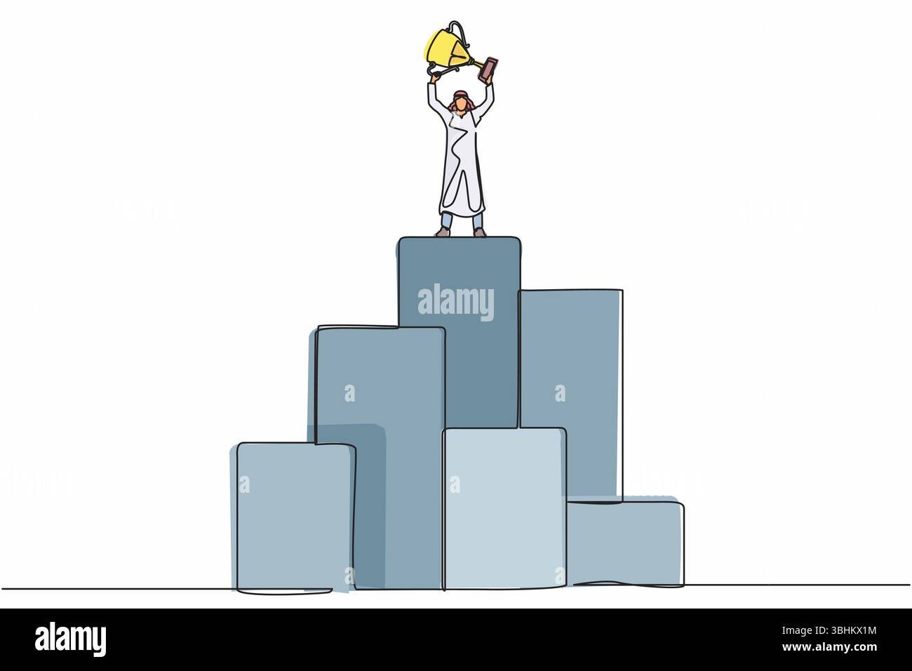 Single continuous line drawing Arabian businessman standing on big ...