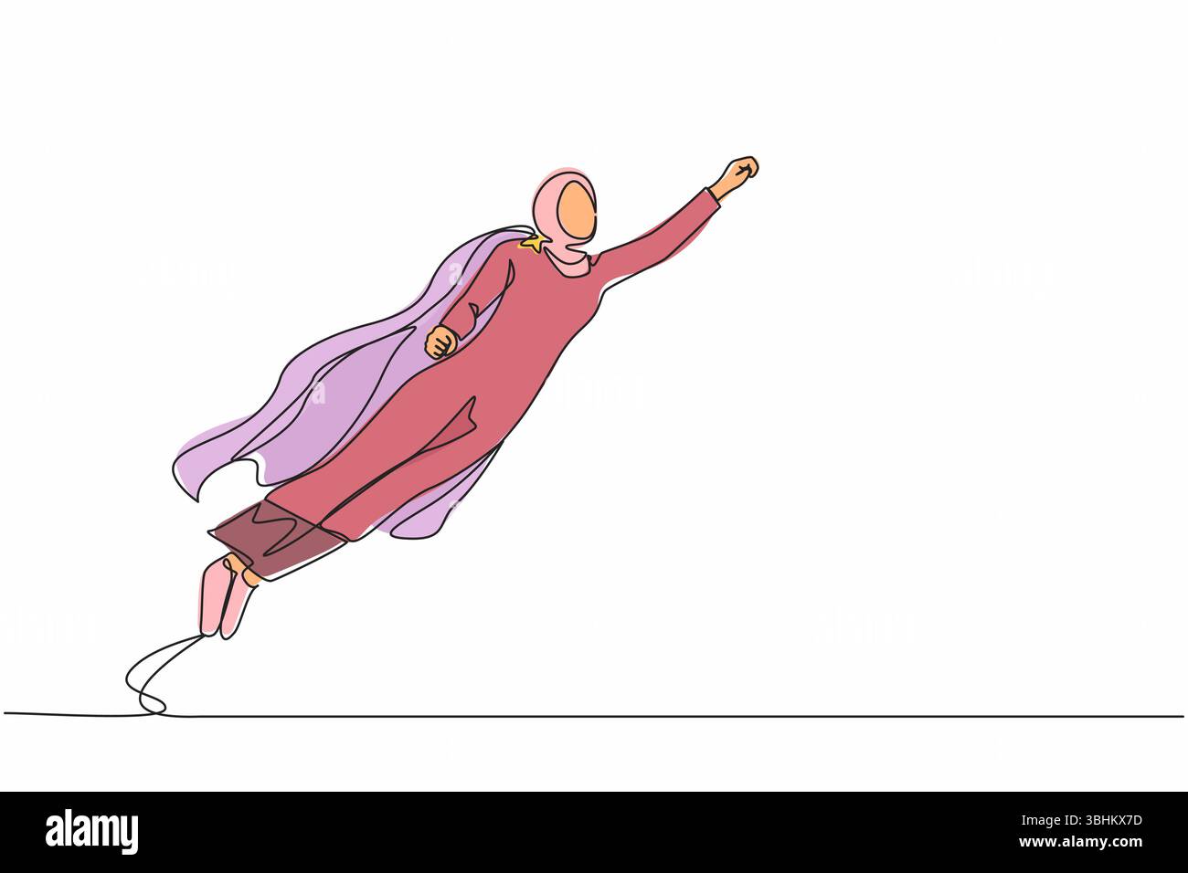 Single continuous line drawing super Arabian businesswoman raised fist and flying in the air. Superhero of business, financial, growth, career, leader Stock Vector