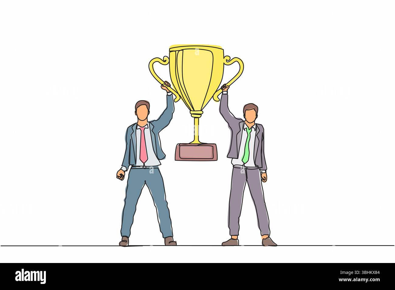 Continuous one line drawing two men holding golden goblet. Winners ...
