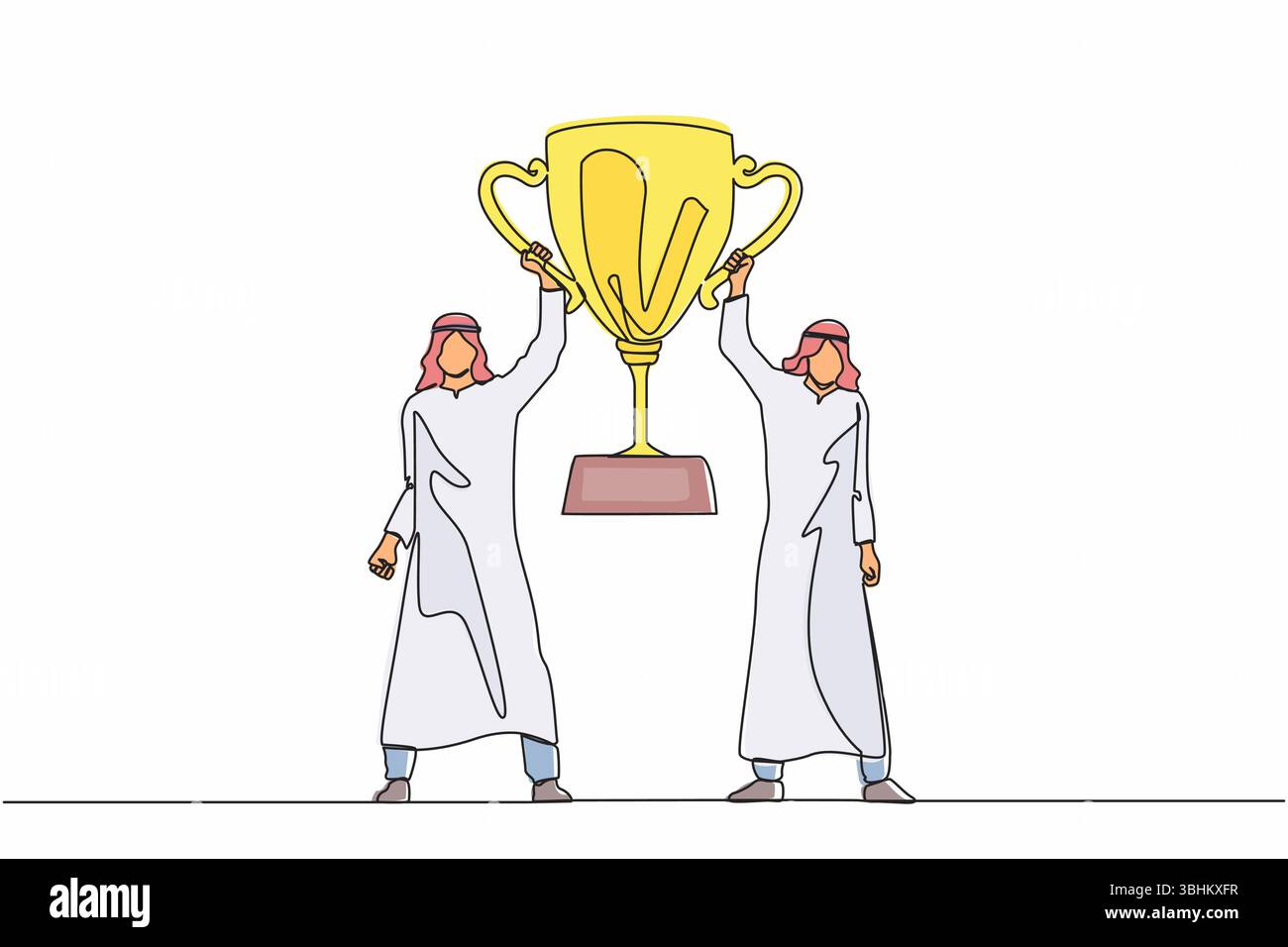 Single one line drawing two men holding golden goblet. Winners ...