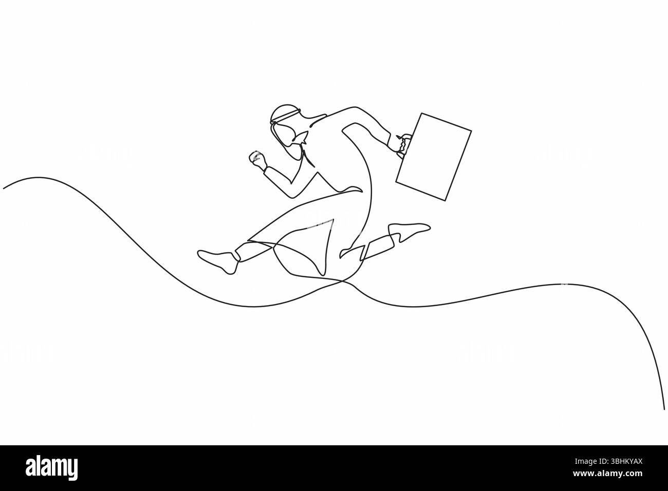 Single one line drawing Arabian man jumping to show his success ...
