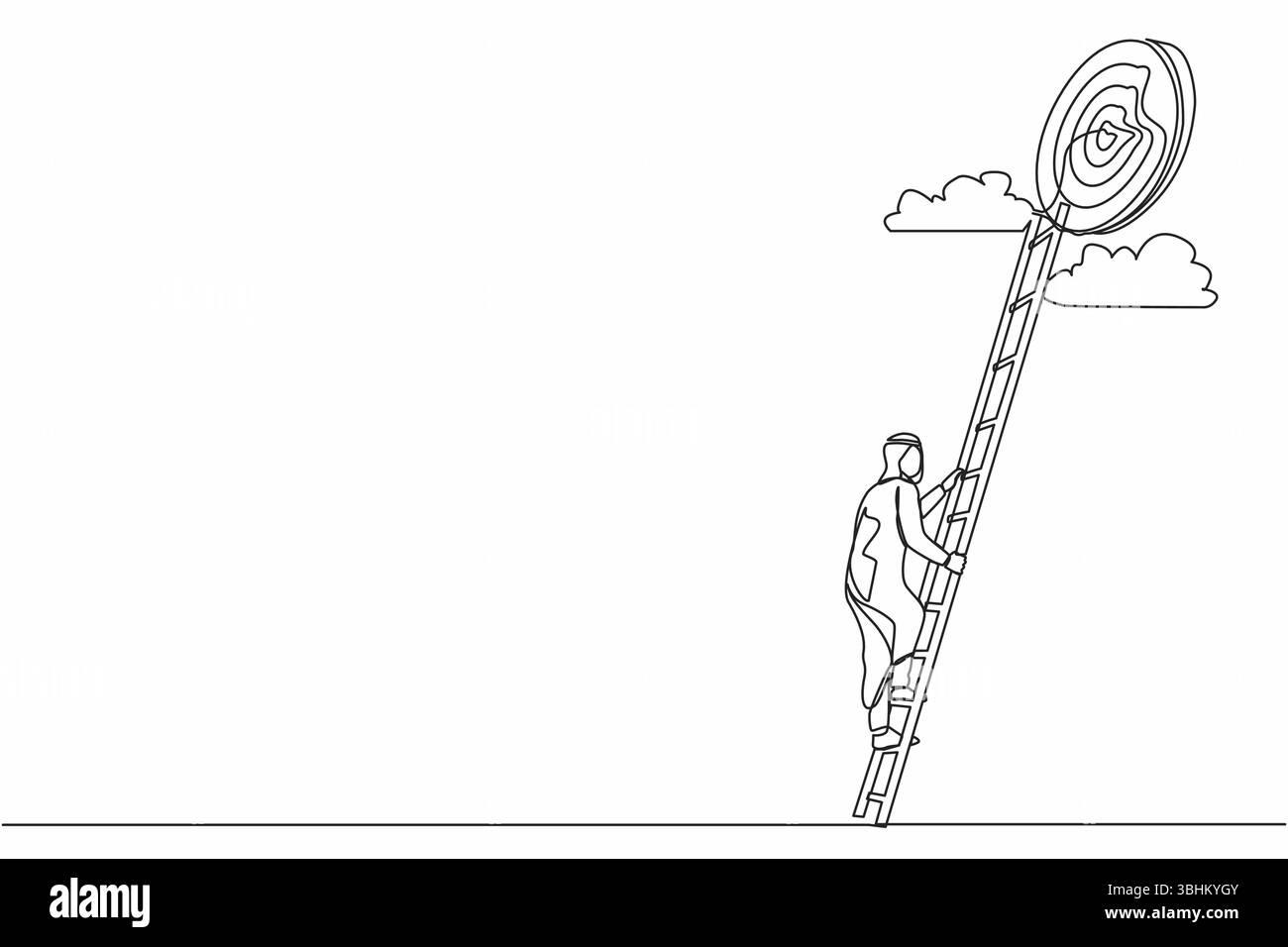Continuous one line drawing stairs to goal. Arabian businessman rises ...