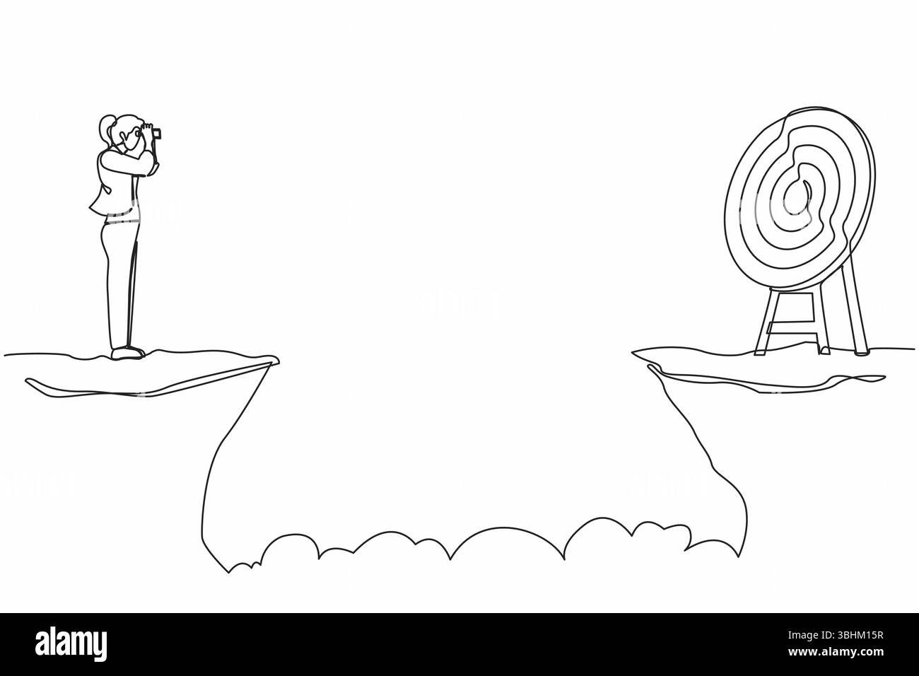 Single one line drawing businesswoman standing on cliff with binoculars ...