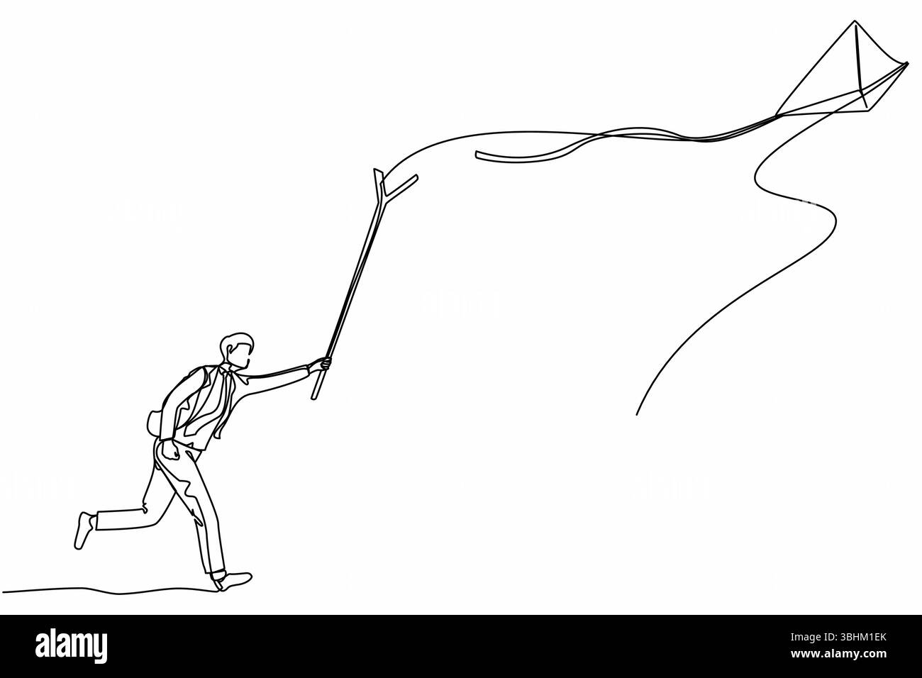 Simple Line Chasing Single one line drawing active businessman runs to chasing kite using ...
