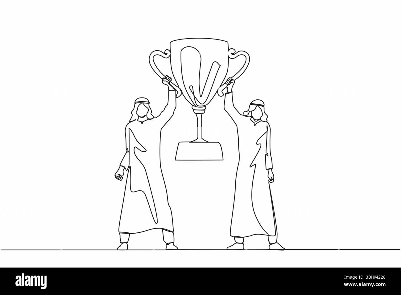 Single one line drawing two men holding golden goblet. Winners ...