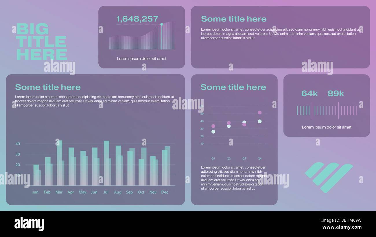 Technology business grid layout ui infographics template with graphs and charts. Professional data visualization suitable for startup or other tech Stock Vector