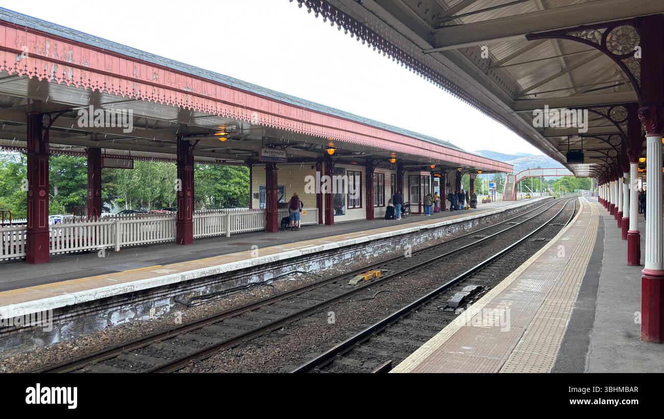 The historic Aviemore railway station building stands proud in the Highlands, blending traditional architecture with the cha Stock Photo