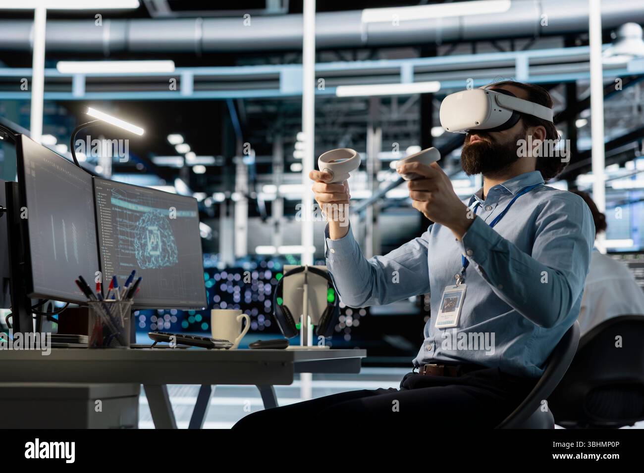 Data center engineer using virtual reality technology to visualize artificial intelligence neural networks. Server room worker using VR headset equipment to oversee AI systems Stock Photo