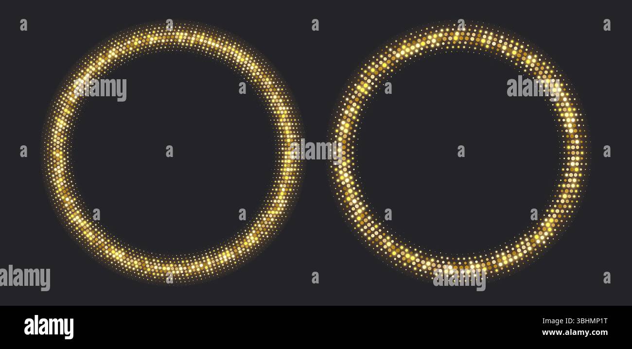 Golden halftone frames, glowing circle borders, round pattern with dots, radial disco luxury design element. Stock Vector