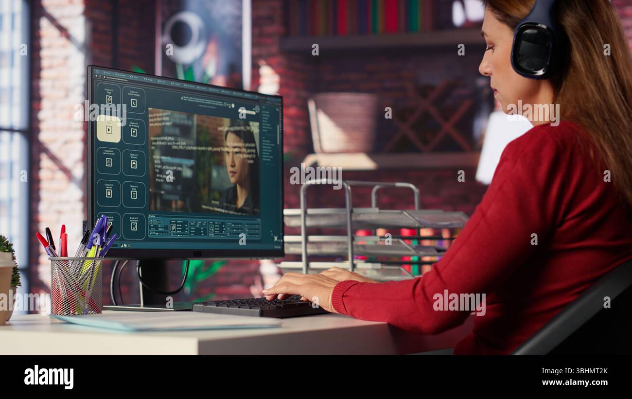 Software developer at home office coding on desktop using AI powered script, building an interface and implementing programming language algorithms. Engineer uses text to code. Camera A. Stock Photo