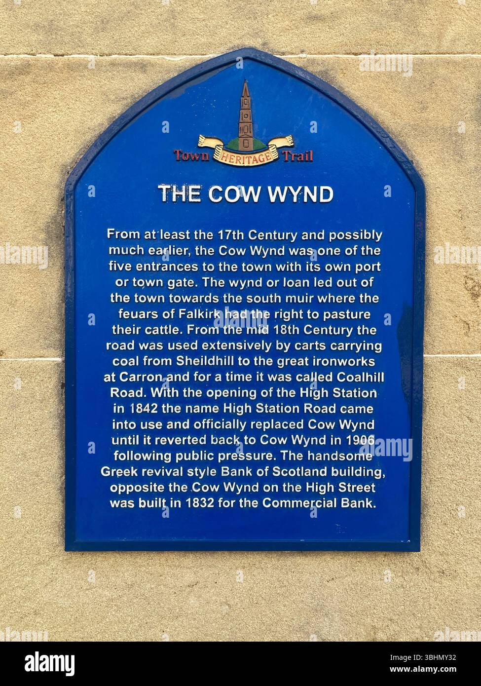 Blue Plaque with public information regarding The Cow Wynd, part of the Falkirk Town Heritage Trail, Falkirk Scotland - Smartphone Captured Stock Image
