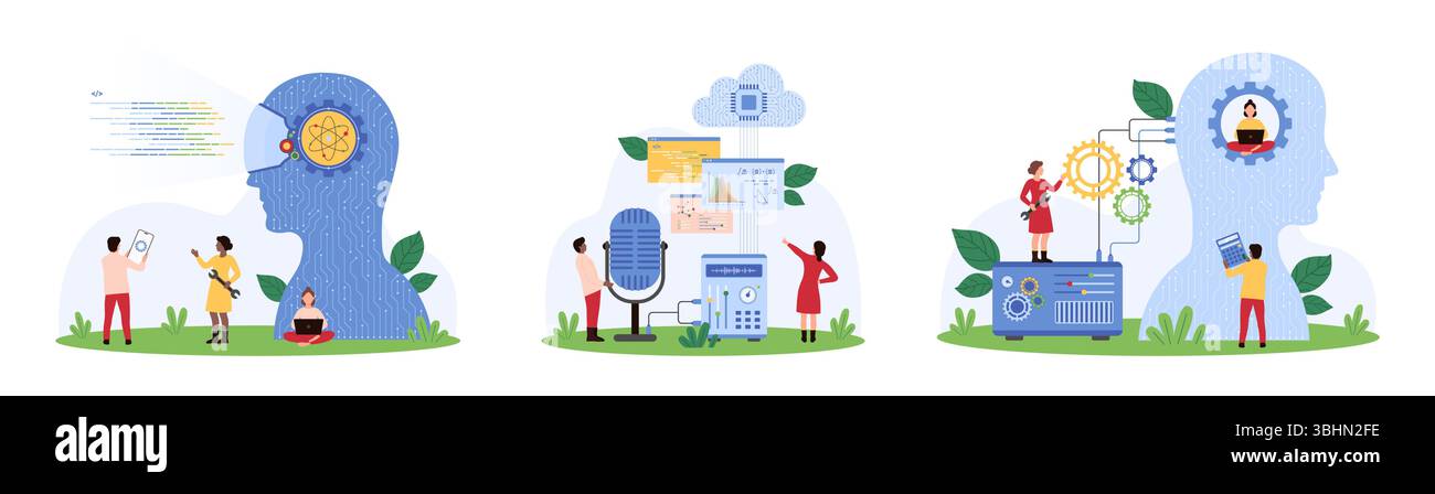 Cloud computing, coding and working on digital projects using AI and chatbot set. Tiny people work on program code with chat bot, connect virtual assistant and lab machine cartoon vector illustration Stock Vector