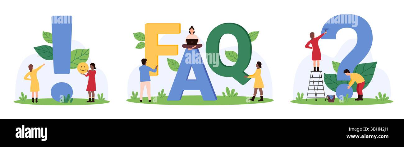FAQ, exclamation and question mark title set. Tiny people pointing to ...