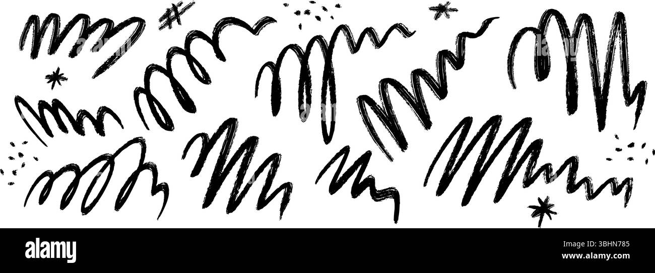 Hand drawn pen scribble set. Grunge crayon curly doodle line pack ...