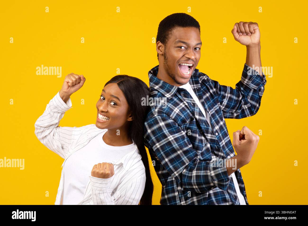 Express emotions of victory and celebrating win together Stock Photo ...