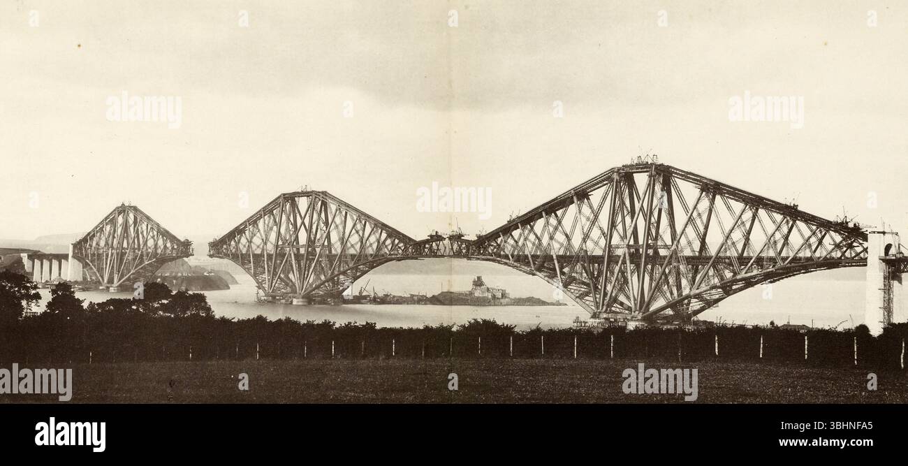 The construction of the Forth Bridge showing the three almost complete ...