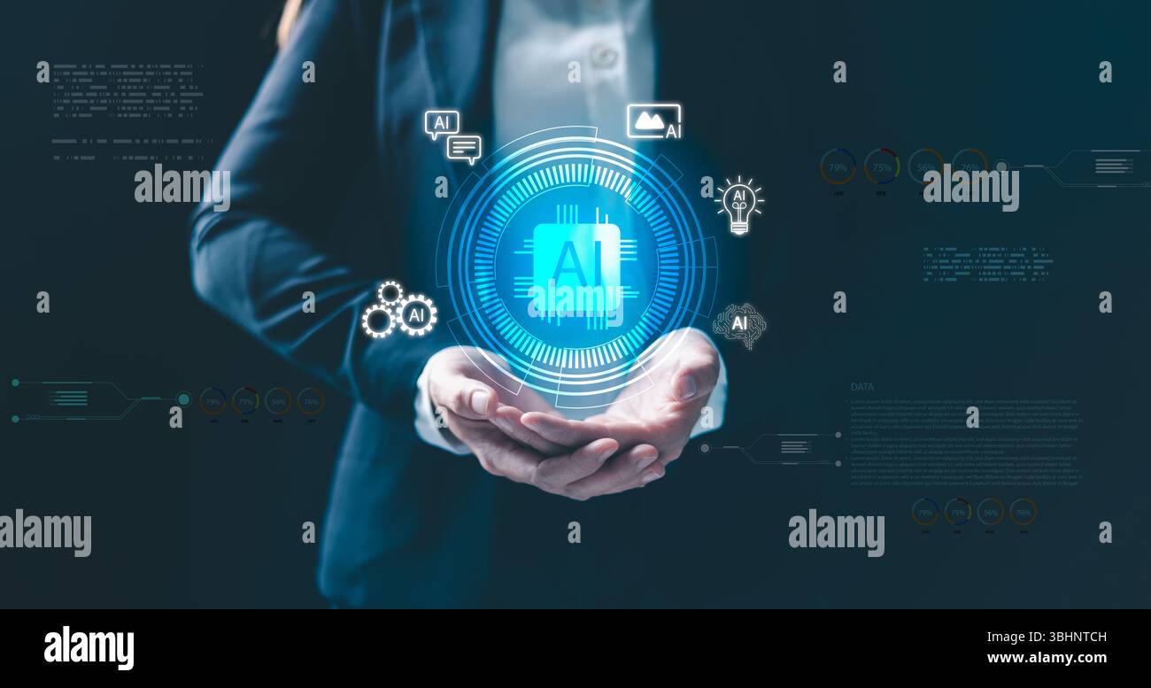 Artificial intelligence technology concept with hand holding AI icons digital interface, symbolizing innovation, automation, machine learning, data pr Stock Photo