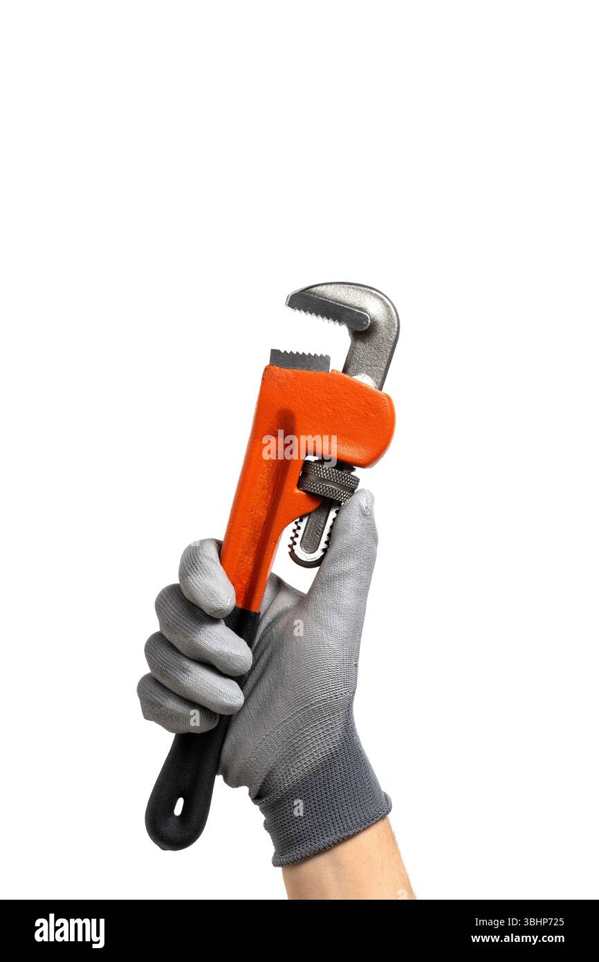 Adjustable spanner in hand isolated on white background Stock Photo