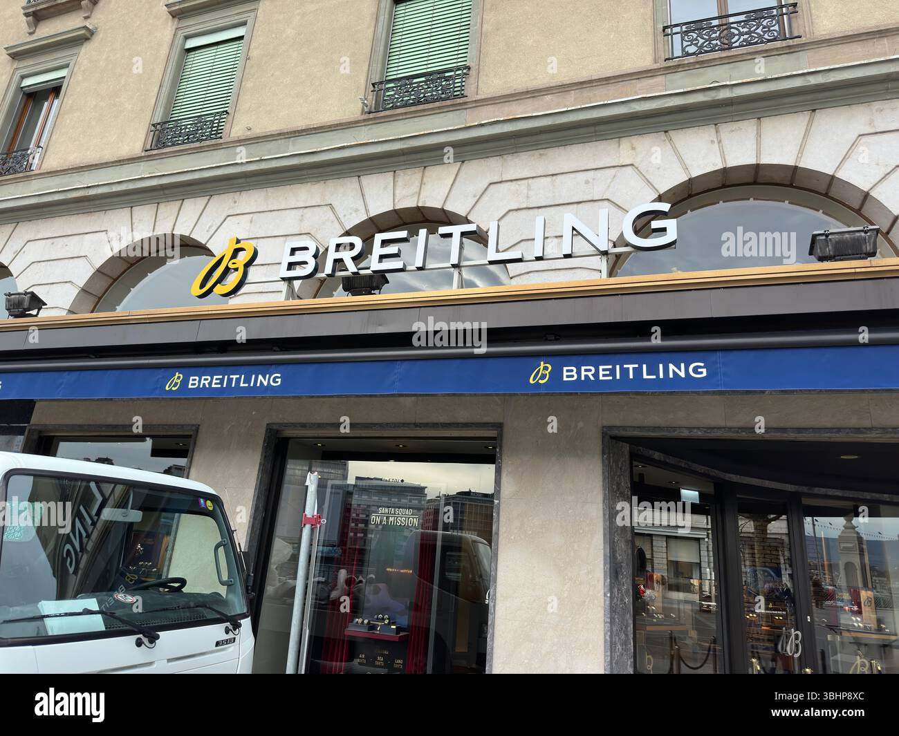 Geneva, Switzerland - Jan 12, 2023: Breitling boutique in Geneva. Breitling SA is a Swiss luxury watchmaker. - Smartphone Captured Stock Image