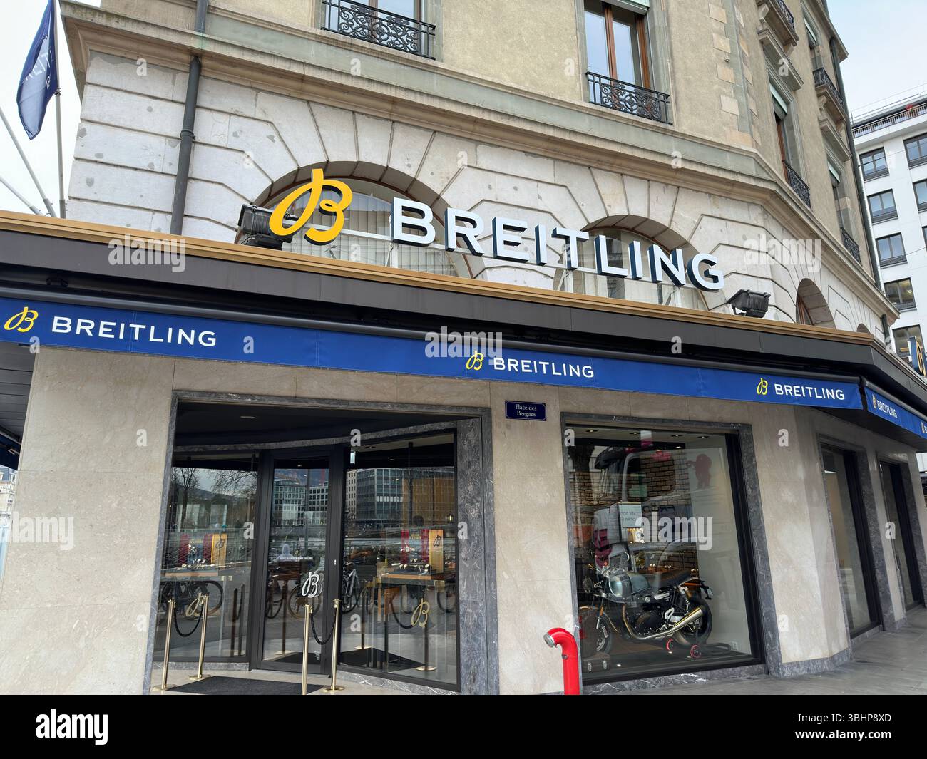Geneva, Switzerland - Jan 12, 2023: Breitling boutique in Geneva. Breitling SA is a Swiss luxury watchmaker. - Smartphone Captured Stock Image