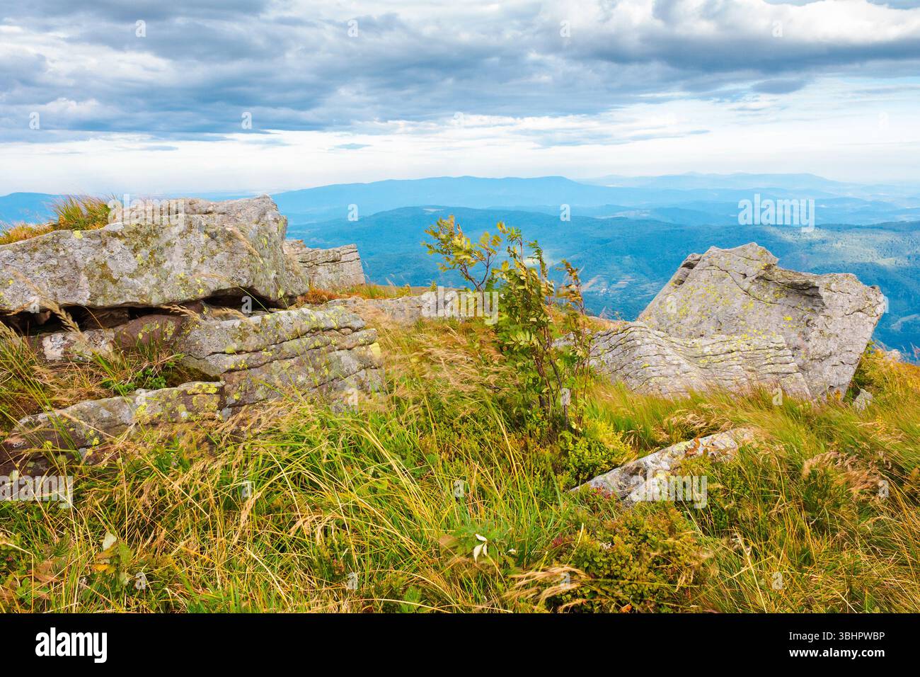 beautiful mountain landscape in late summer. travel destination place in transcarpathia, ukraine. dramatic sky with grey clouds. end of vacation seaso Stock Photo