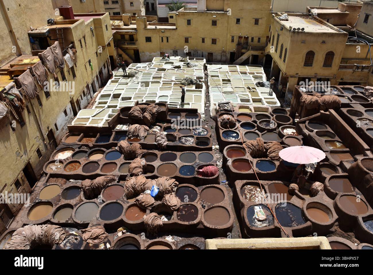 FEZ, MOROCCO - MAY 31, 2025: Workers dying leathers in traditional way ...
