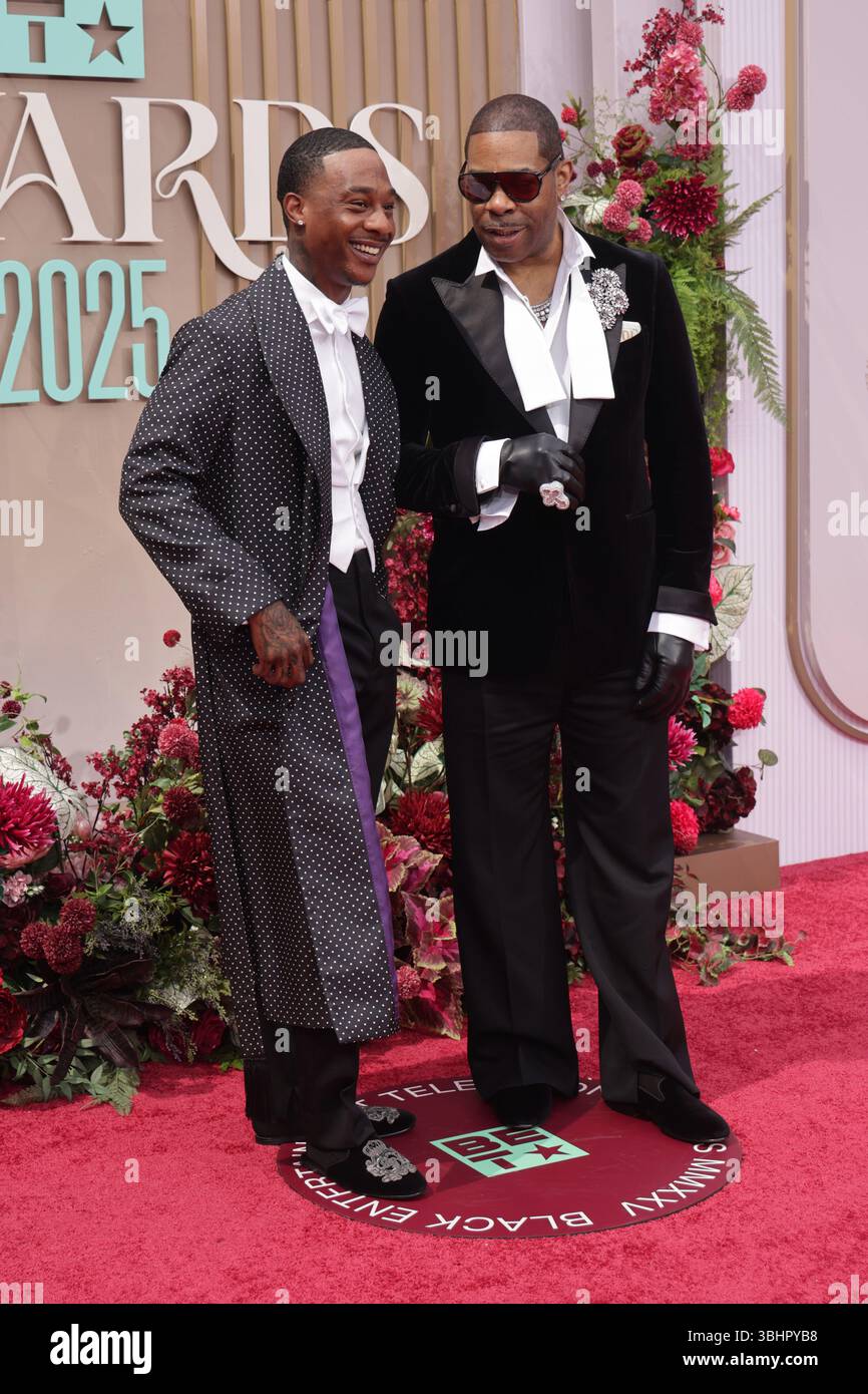 T'Khi Wood-Smith and Busta Rhymes attend the 2025 BET Awards at Peacock  Theater Stock Photo - Alamy, image size:866x1390