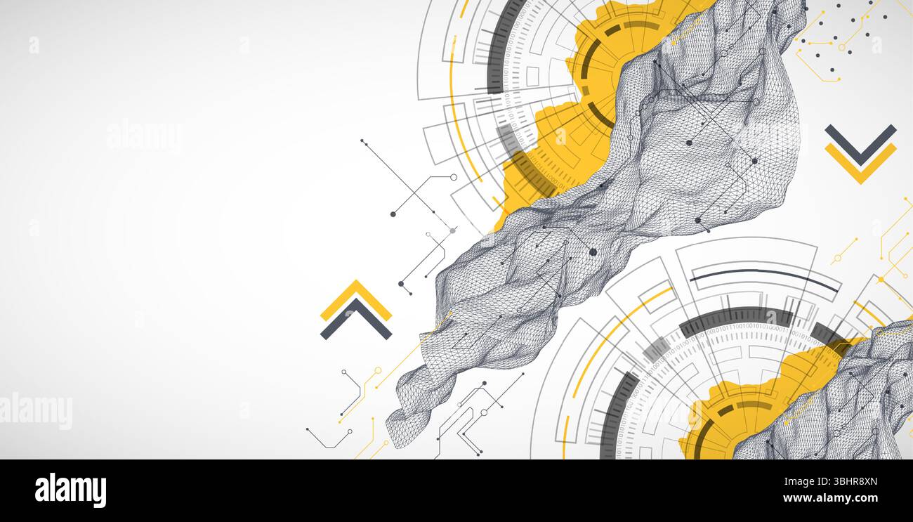 Abstract data background with wireframe wave and circuit lines. Technology concept. Vector Stock Vector