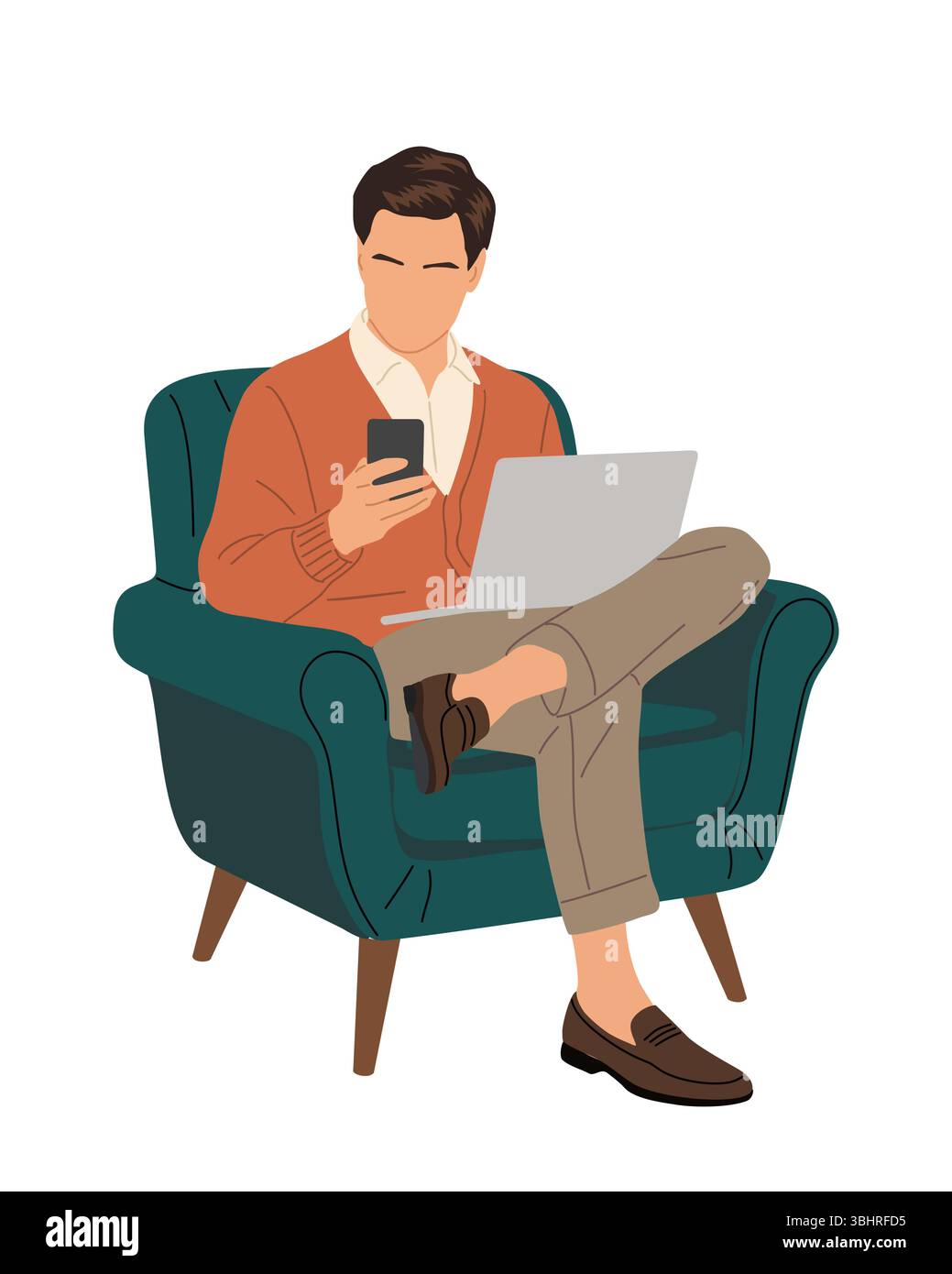 Man sitting in an armchair with laptop and phone Stock Vector