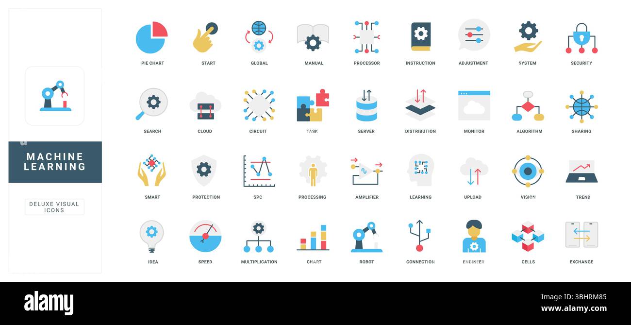 Colorful flat icons representing machine learning, AI, data science ...