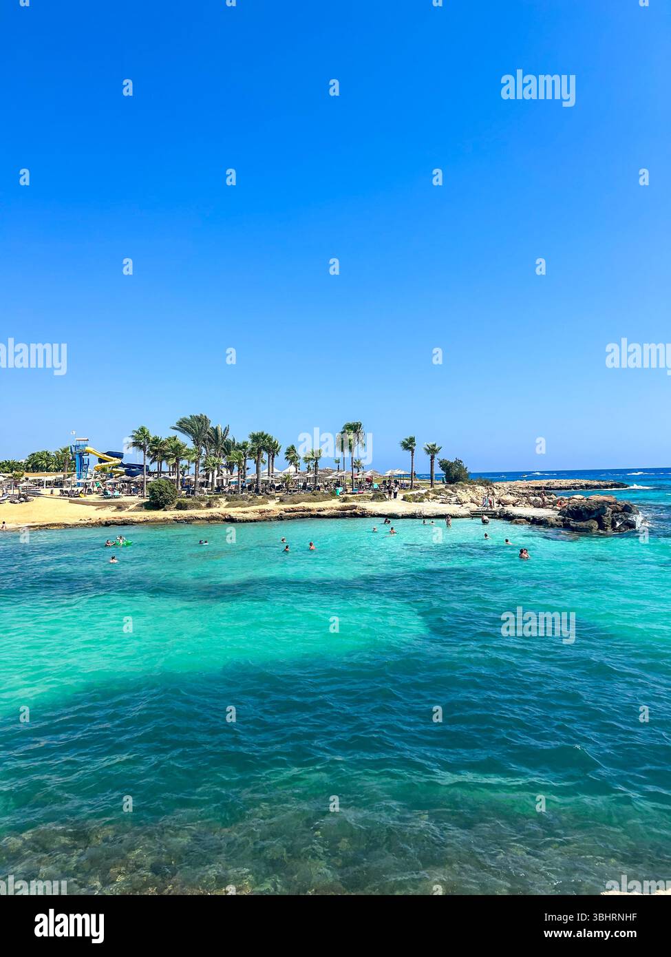 Scenic tropical beach with crystal-clear turquoise water, palm trees, and people swimming under a bright blue sky. Perfect summer vacation destination - Smartphone Captured Stock Image