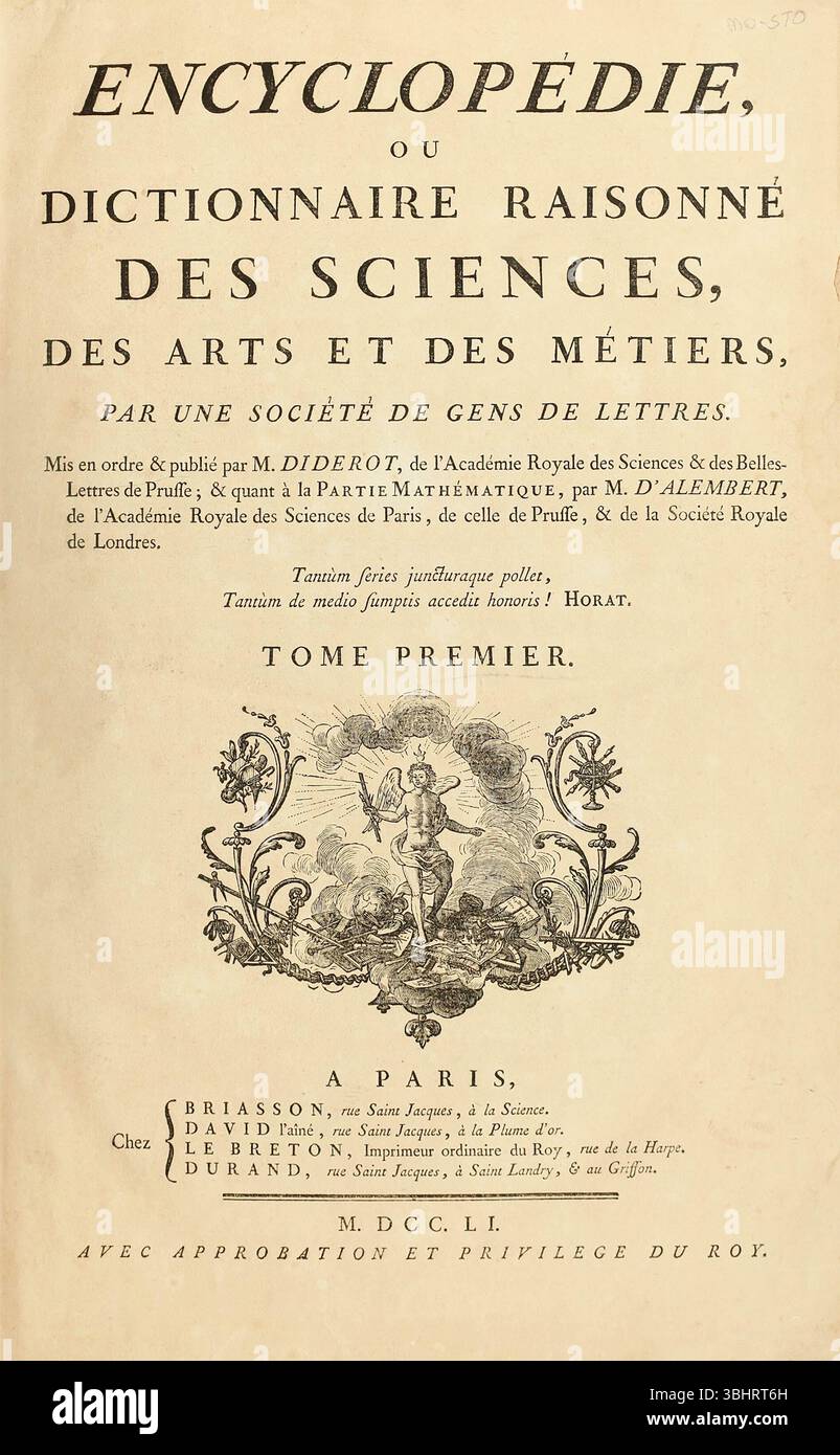 ENCYCLOPÉDIE   Title page of the 1751 French work edited by Denis Diderot Stock Photo