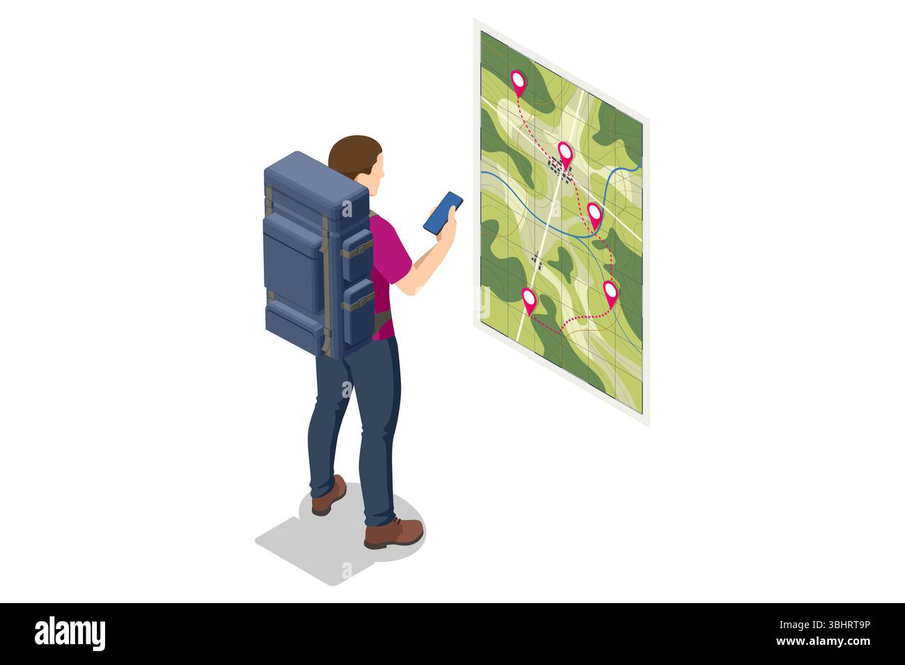 Isometric illustration of backpackers with trekking poles studying a large topographic map dotted with location pins, planning their hiking adventure. Stock Vector