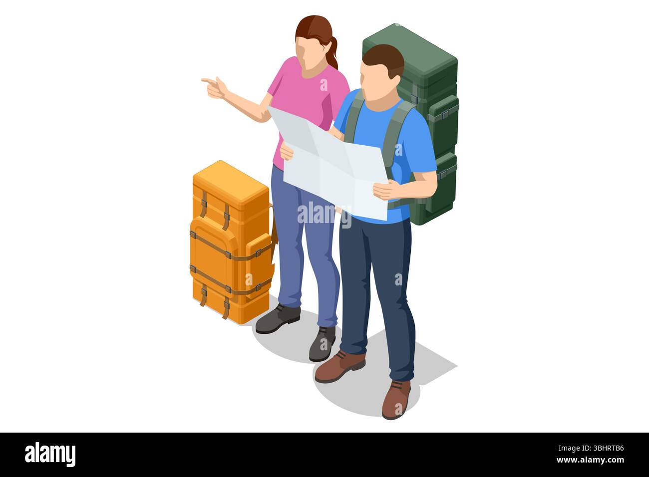 Isometric illustration of two backpackers with trekking poles studying a large topographic map dotted with location pins, planning their hiking Stock Vector