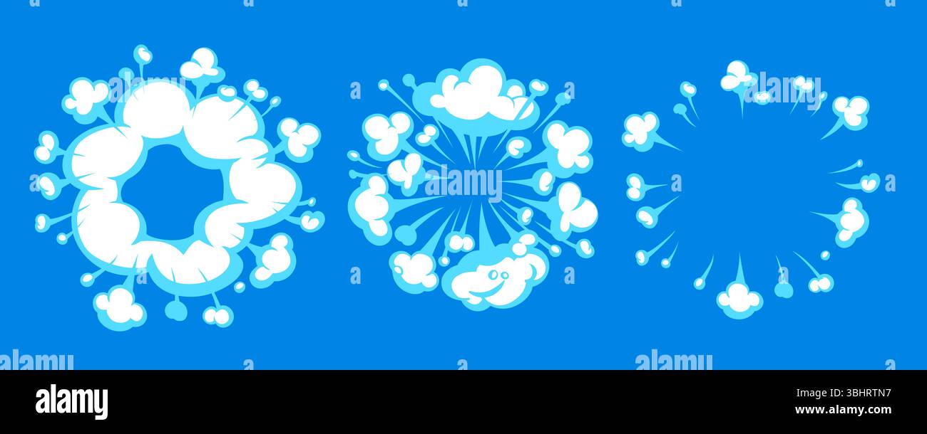 Exploding cartoon cloud vector with comic-style radial burst and puff elements on blue background. Cloud and explosion vector shapes in cartoon comic Stock Vector