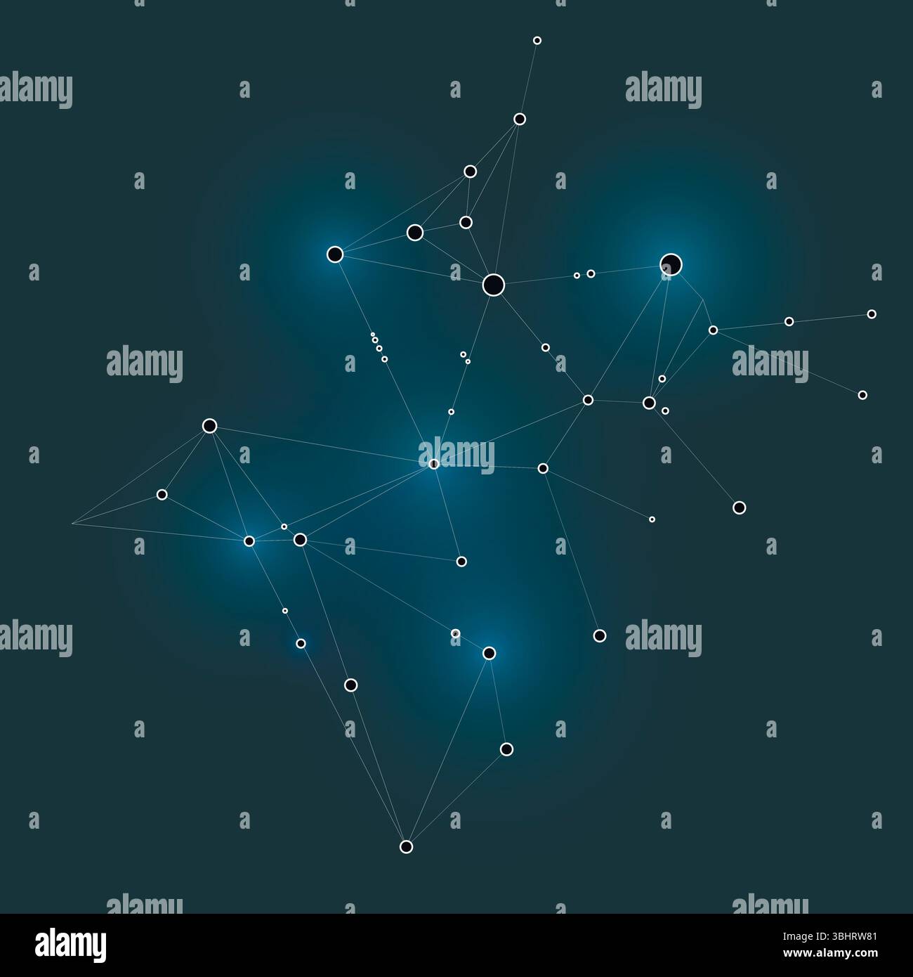 Stylish, polygonal pattern of connected black lines and dots on blue ...