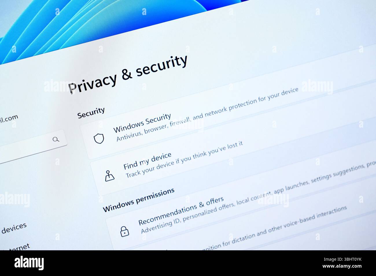 Poznan, Poland - June 6, 2025: Windows Security application shown on a computer screen, presenting privacy and digital protection features for users o Stock Photo
