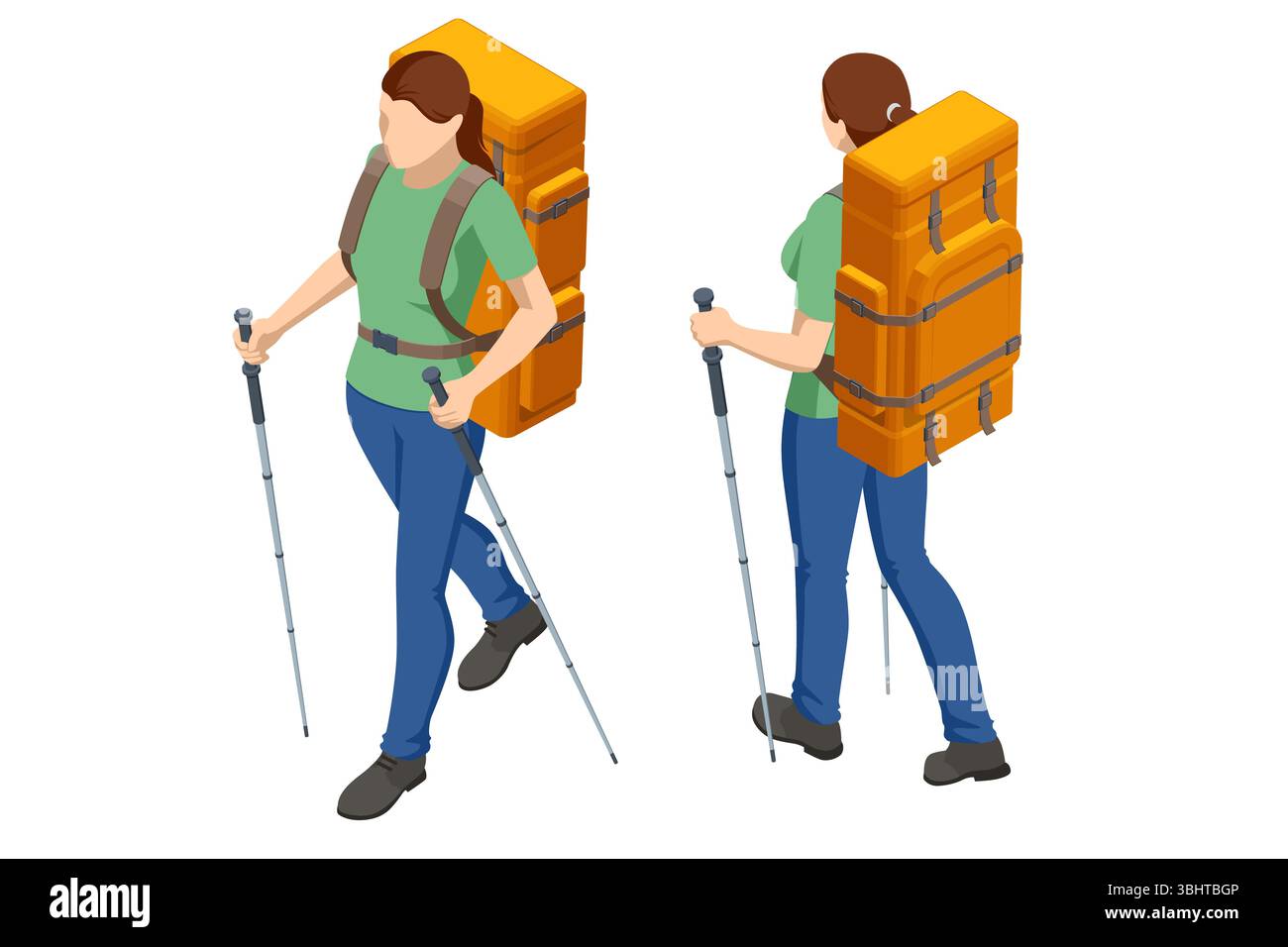Isometric illustration of backpacker with trekking poles and backpack ...
