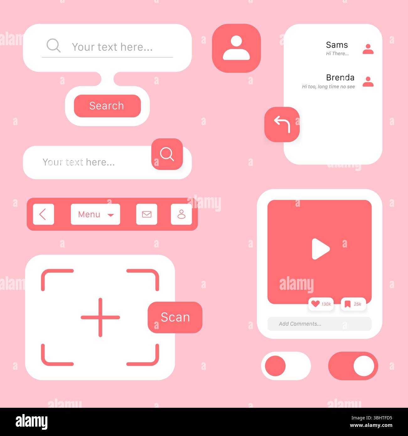 Modern and minimalistic UI kit elements for mobile application design, featuring search bars, chat boxes, media player, buttons, and icons in a pink c Stock Vector
