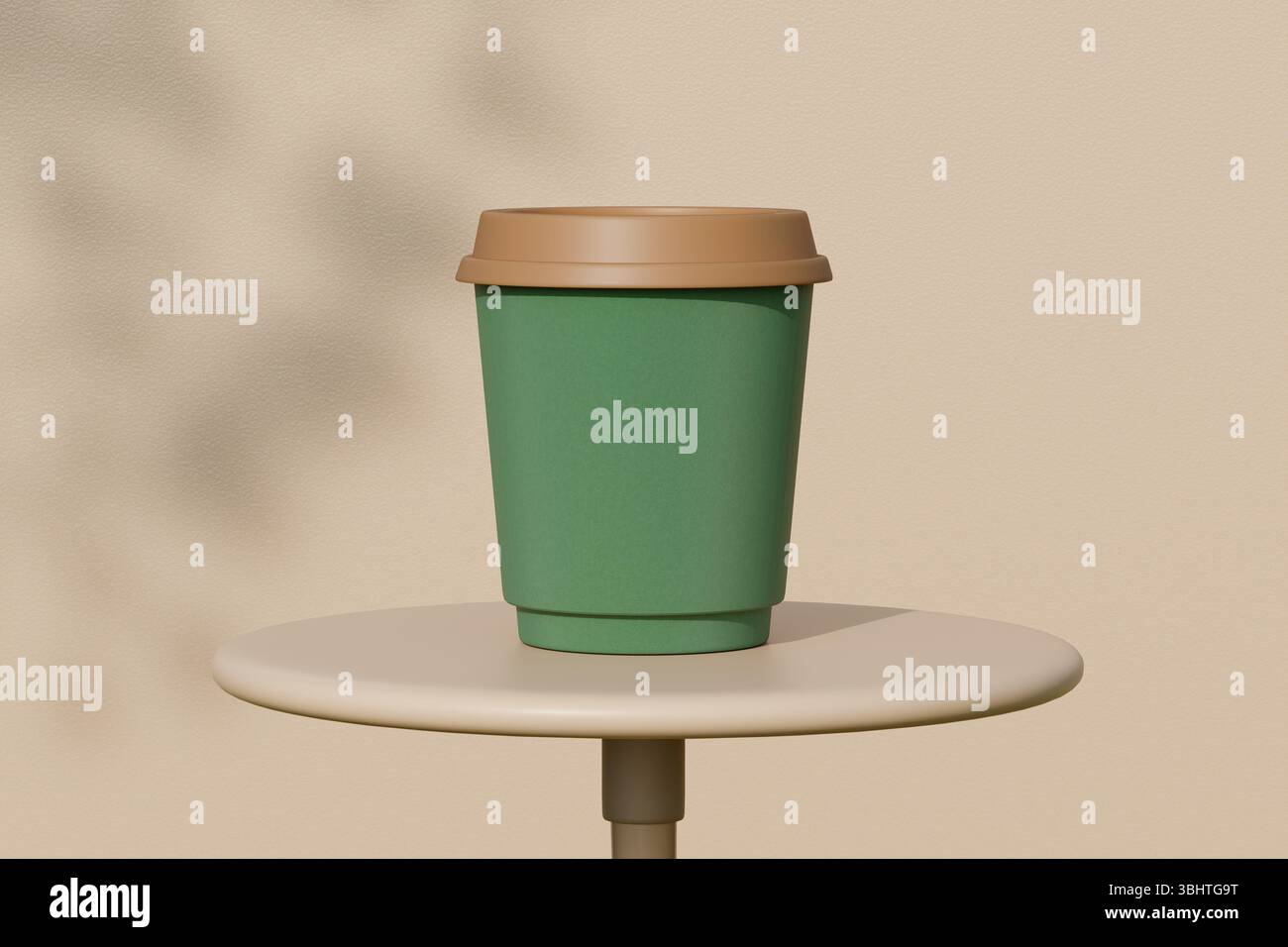 Paper coffee cup on round table against wall with shadows.3d rendering Stock Photo
