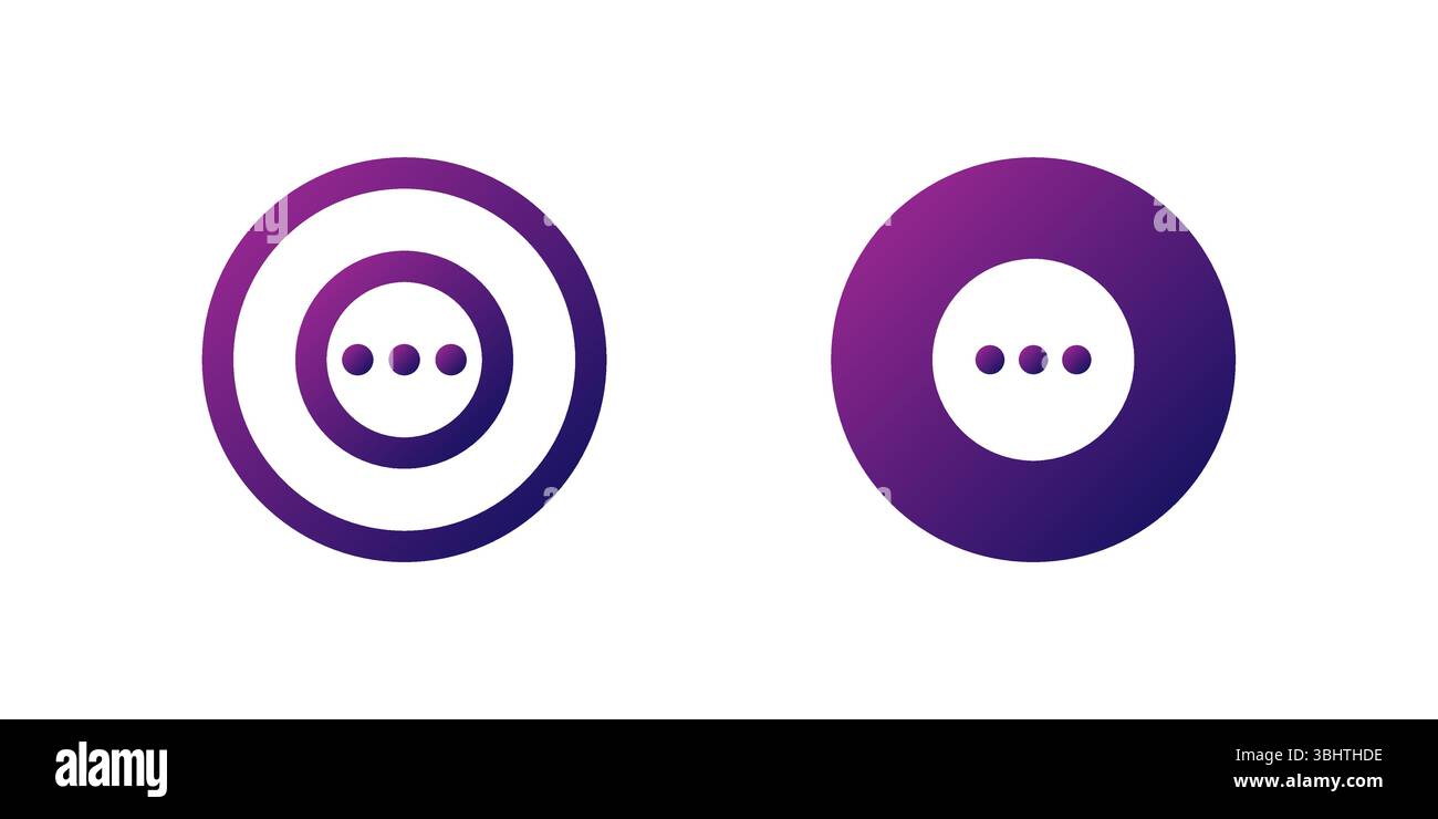 Menu Dots Icon Set. A purple gradient icon with three vertical dots, representing a menu or more options in user interfaces. Stock Vector