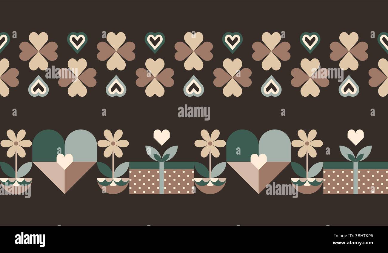 Floral Love Geometric Mid Mod Seamless Borders Stock Vector