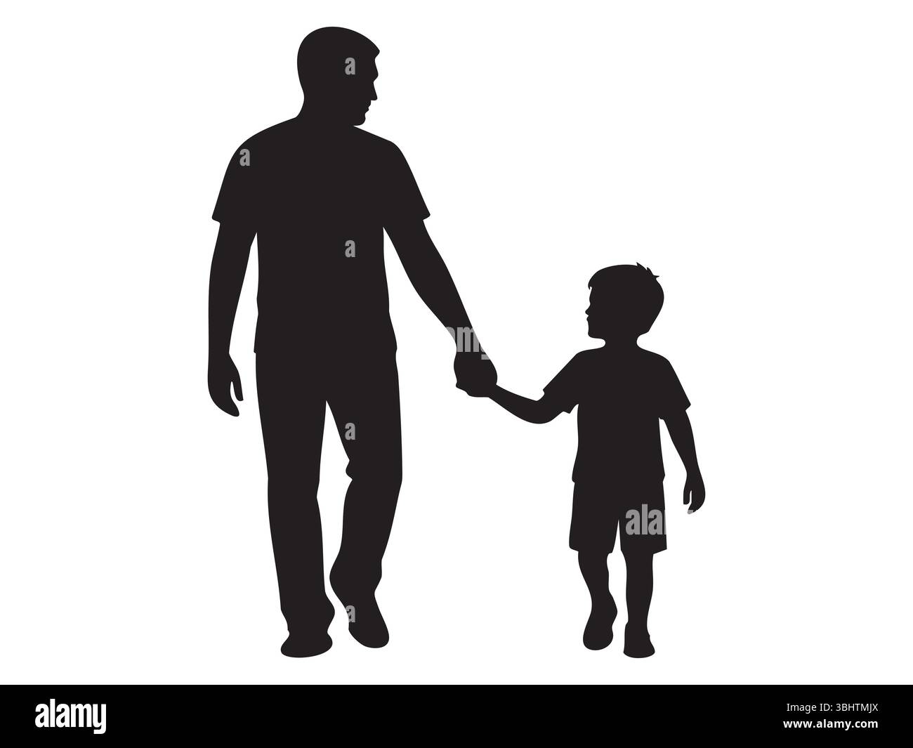 Black silhouette of a man walking with child boy holding hands ...